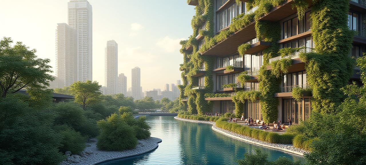 Modern sustainable architecture reflecting in a clean river water with green trees